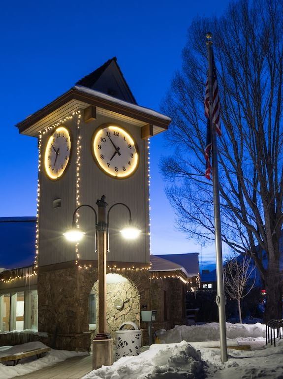 Clock Tower and Town Hall by front entrance winter night